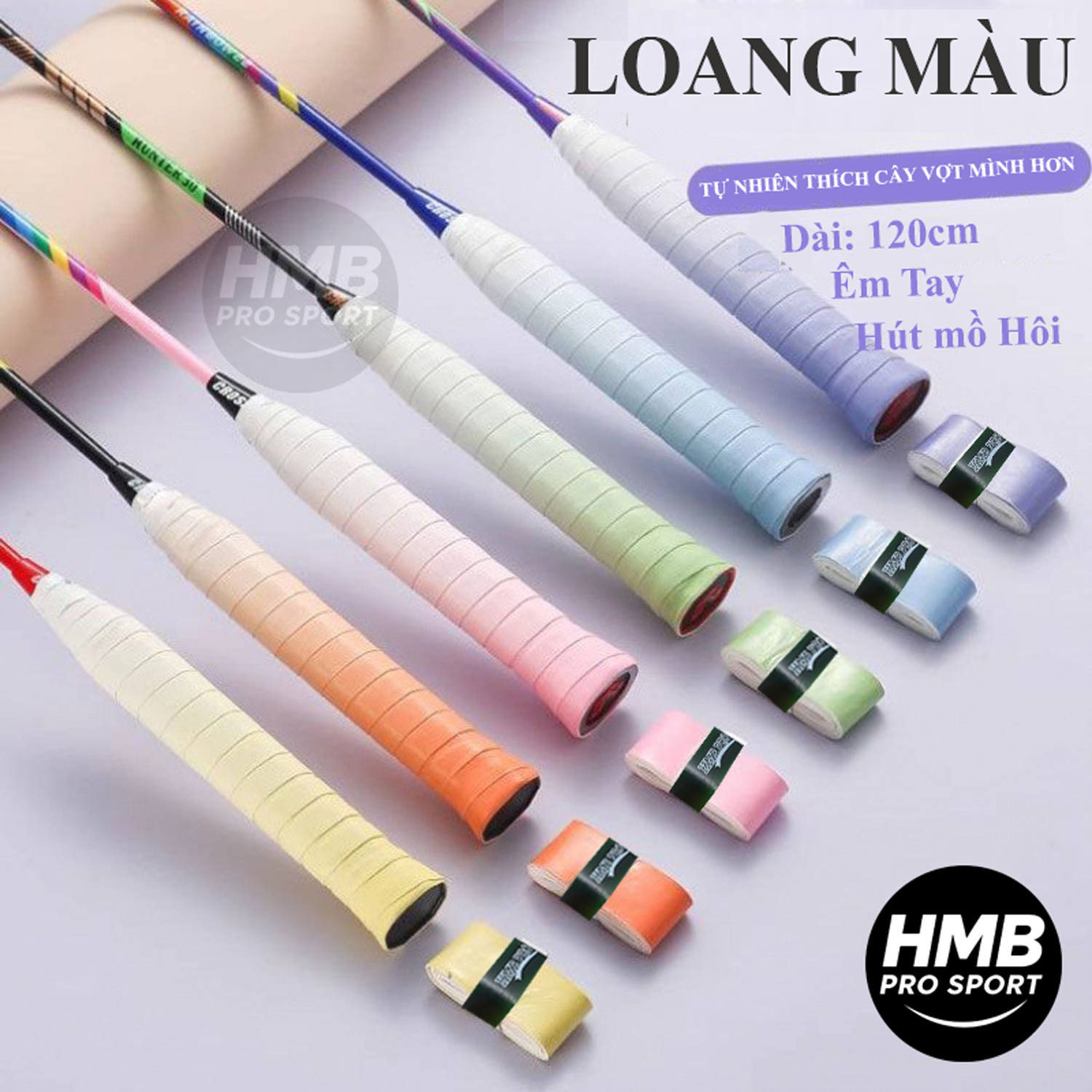 Combo 10 Quấn Cán Vợt Loang Màu HMB PRO SPORT dành cho Cầu lông, Tennis, Pickleball Dài 1m2 + Bám tay + Thấm hút mồ hôi tốt